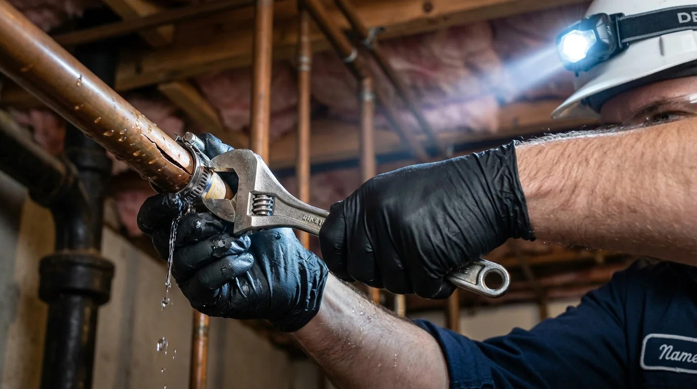 Emergency pipe clamp repair being performed by a Johns Plumbing LLC plumber in Marked Tree