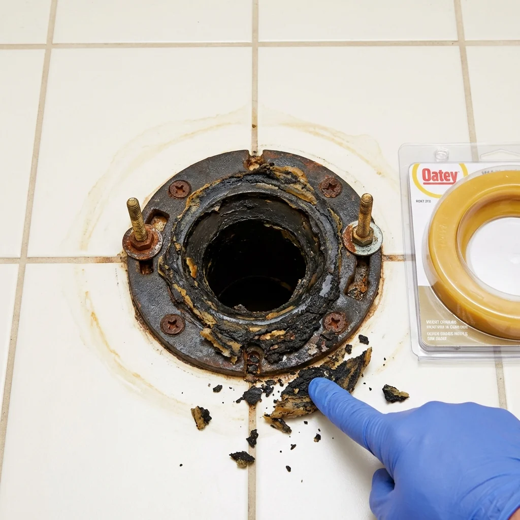Failed wax ring showing water seepage at the base of a toilet in a Marked Tree, AR home